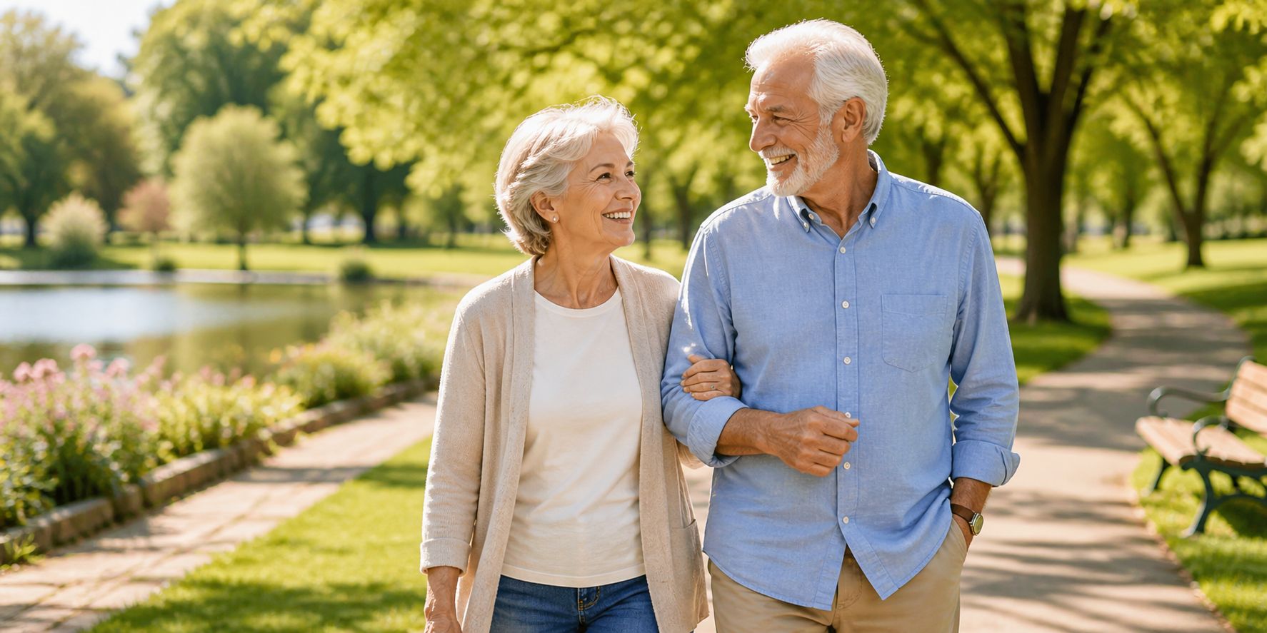 Happy senior couple walking together in a park